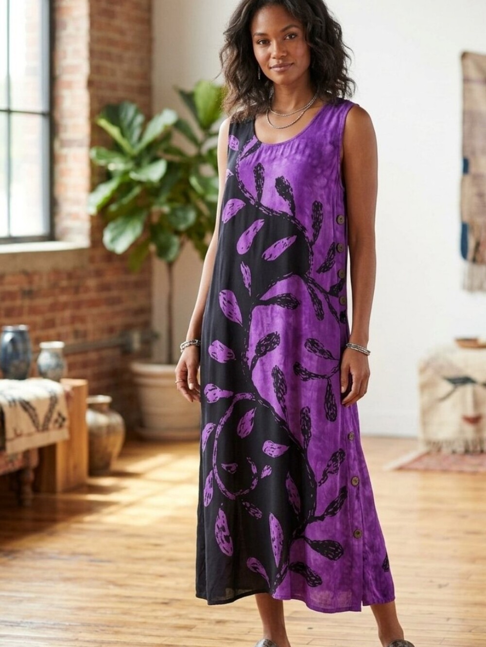 METROPOLOTAN Sleeveless Purple & Black Boho Printed Maxi Dress Sz XL